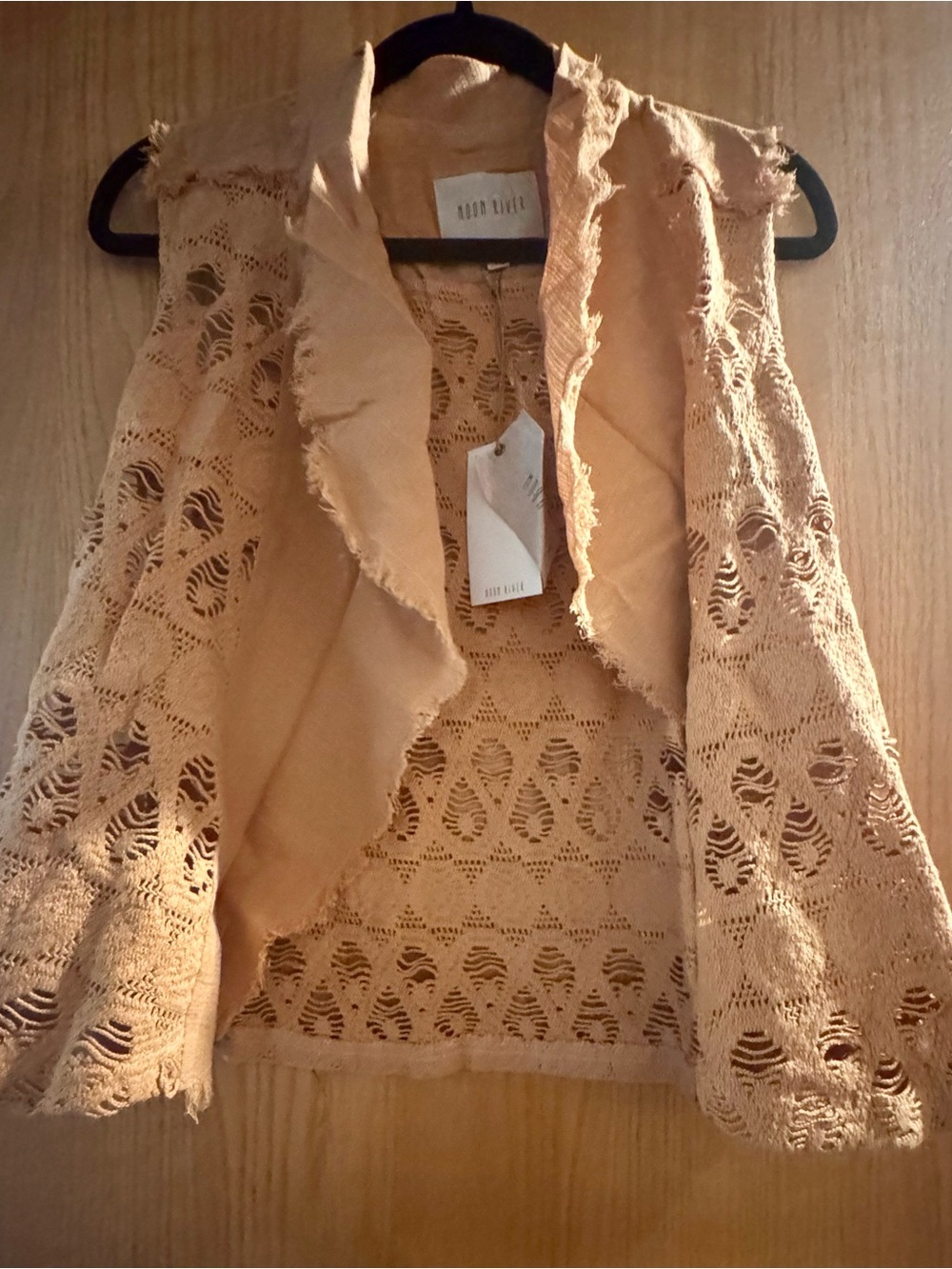 Moon River Lace Crochet Open-Front Vest - Tan